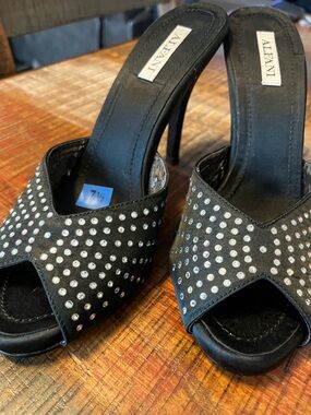 Alfani Black Studded Open-Toe Mule Heels with Silver Accents